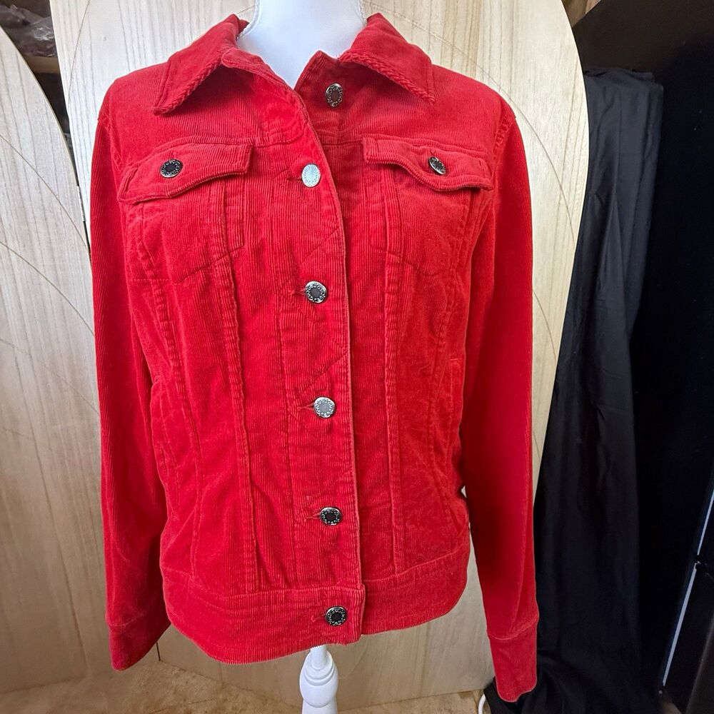 VTG Style Bamboo Traders Bright Red Corduroy Jacket M Y2K Trucker Pop of Red